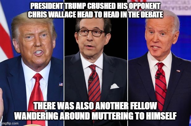 President Trump crushed his opponent Chris Wallace head to head in the debate. | PRESIDENT TRUMP CRUSHED HIS OPPONENT CHRIS WALLACE HEAD TO HEAD IN THE DEBATE; THERE WAS ALSO ANOTHER FELLOW WANDERING AROUND MUTTERING TO HIMSELF | image tagged in joe biden,donald trump,chris wallace | made w/ Imgflip meme maker