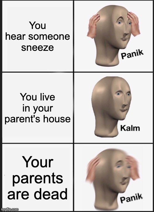 Panik Kalm Panik Meme | You hear someone sneeze; You live in your parent's house; Your parents are dead | image tagged in memes,panik kalm panik | made w/ Imgflip meme maker