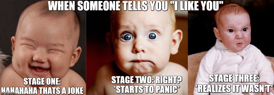 Very awkward (: | WHEN SOMEONE TELLS YOU "I LIKE YOU"; STAGE ONE: HAHAHAHA THATS A JOKE; STAGE THREE: *REALIZES IT WASN'T*; STAGE TWO: RIGHT? *STARTS TO PANIC* | image tagged in shocked,awkward | made w/ Imgflip meme maker
