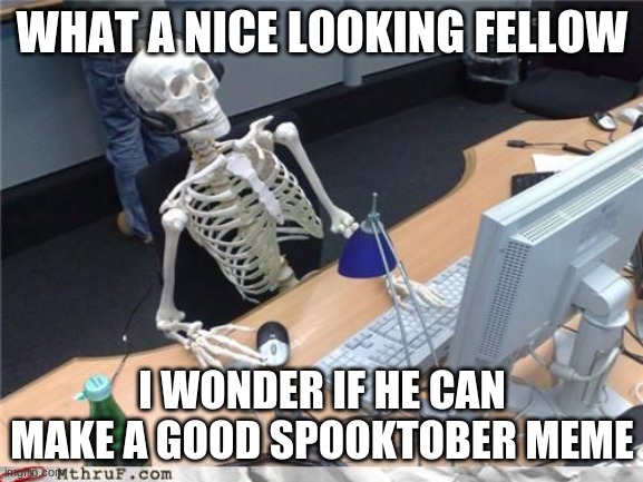 Skeleton Computer | WHAT A NICE LOOKING FELLOW; I WONDER IF HE CAN MAKE A GOOD SPOOKTOBER MEME | image tagged in skeleton computer | made w/ Imgflip meme maker