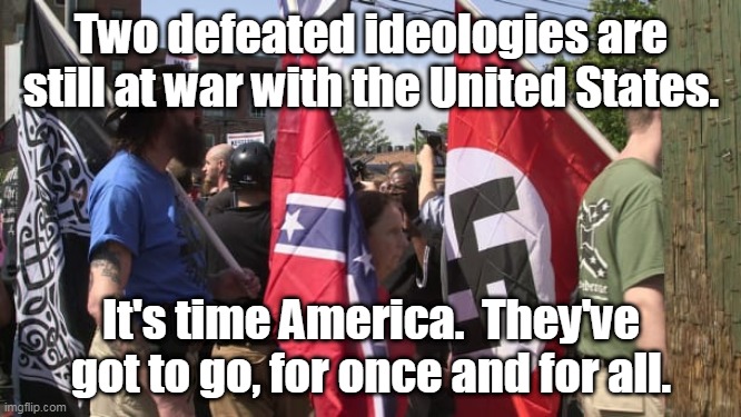Trump's base - Confederate Nazi white supremacists | Two defeated ideologies are still at war with the United States. It's time America.  They've got to go, for once and for all. | image tagged in trump's base - confederate nazi white supremacists | made w/ Imgflip meme maker
