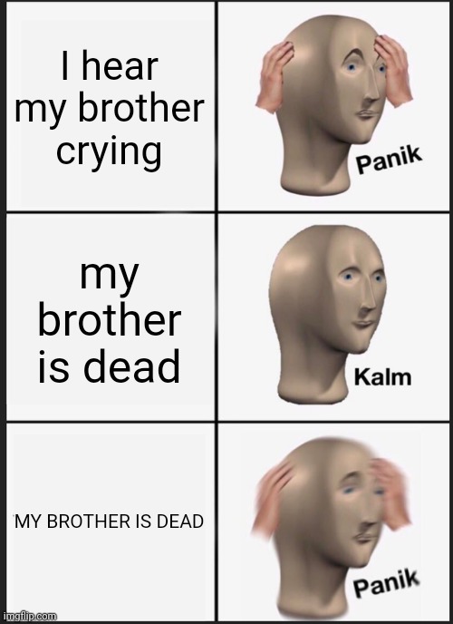 Panik Kalm Panik | I hear my brother crying; my brother is dead; MY BROTHER IS DEAD | image tagged in memes,panik kalm panik | made w/ Imgflip meme maker