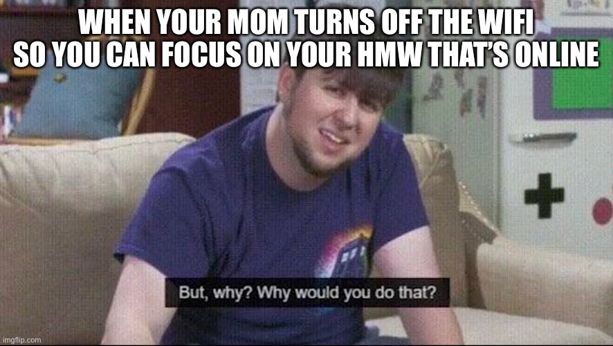 Who else’s mom does this? | WHEN YOUR MOM TURNS OFF THE WIFI SO YOU CAN FOCUS ON YOUR HMW THAT’S ONLINE | image tagged in but why why would you do that | made w/ Imgflip meme maker