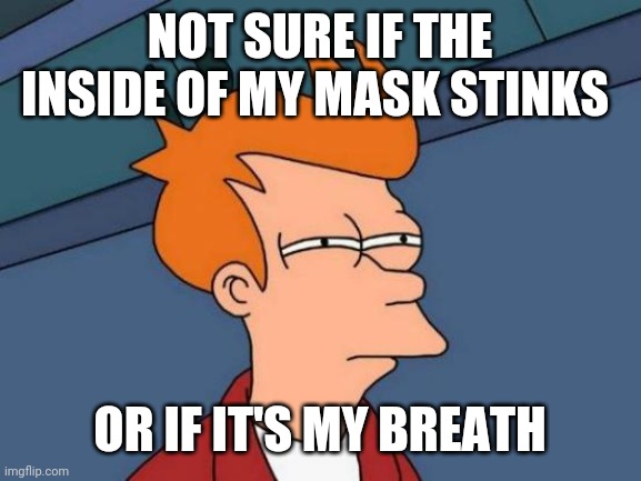 Futurama Fry Meme | NOT SURE IF THE INSIDE OF MY MASK STINKS; OR IF IT'S MY BREATH | image tagged in memes,futurama fry | made w/ Imgflip meme maker