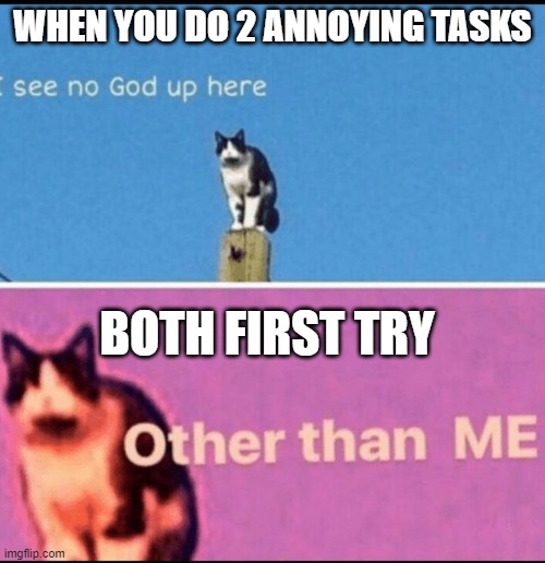 I see no god up here other than me | WHEN YOU DO 2 ANNOYING TASKS; BOTH FIRST TRY | image tagged in i see no god up here other than me | made w/ Imgflip meme maker