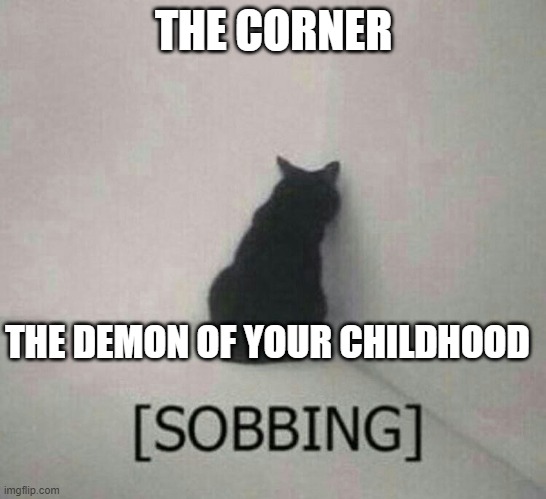 The terrors of the corner | THE CORNER; THE DEMON OF YOUR CHILDHOOD | image tagged in cat,sad cat,childhood,cat memes,cat meme,funny cat memes | made w/ Imgflip meme maker