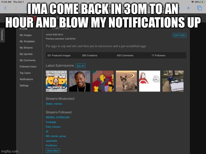 IMA COME BACK IN 30M TO AN HOUR AND BLOW MY NOTIFICATIONS UP | image tagged in blow | made w/ Imgflip meme maker