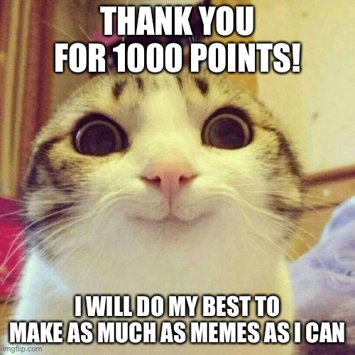 Thank you guys | THANK YOU FOR 1000 POINTS! I WILL DO MY BEST TO MAKE AS MUCH AS MEMES AS I CAN | image tagged in memes,smiling cat,1000points,thank you,yay | made w/ Imgflip meme maker