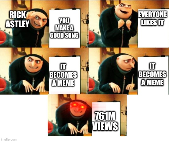 Is rick rolling dead yet? | RICK ASTLEY; EVERYONE LIKES IT; YOU MAKE A GOOD SONG; IT BECOMES A MEME; IT BECOMES A MEME; 761M VIEWS | image tagged in gru diabolical plan fail,rick roll,memes | made w/ Imgflip meme maker