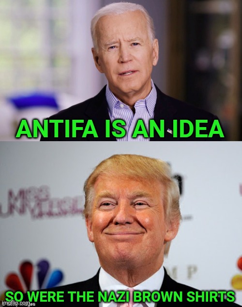 ANTIFA IS AN IDEA; SO WERE THE NAZI BROWN SHIRTS | image tagged in donald trump approves,joe biden 2020 | made w/ Imgflip meme maker