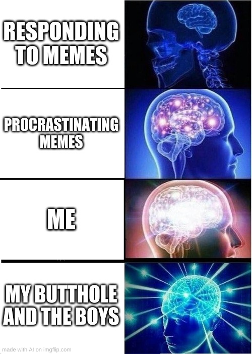 i'm scared | RESPONDING TO MEMES; PROCRASTINATING MEMES; ME; MY BUTTHOLE AND THE BOYS | image tagged in memes,expanding brain | made w/ Imgflip meme maker