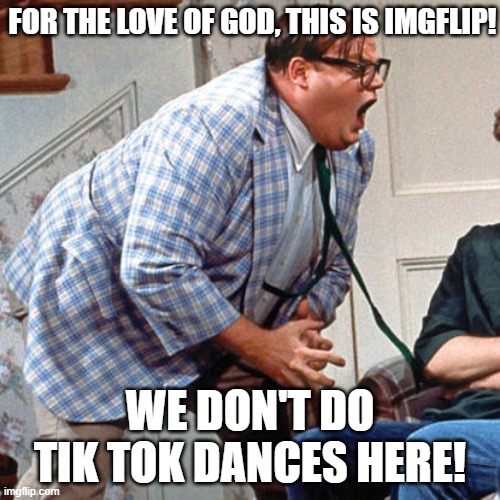 For the love of God, this is IMGFLIP.... | FOR THE LOVE OF GOD, THIS IS IMGFLIP! WE DON'T DO TIK TOK DANCES HERE! | image tagged in chris farley for the love of god,imgflip,tik tok,memes | made w/ Imgflip meme maker