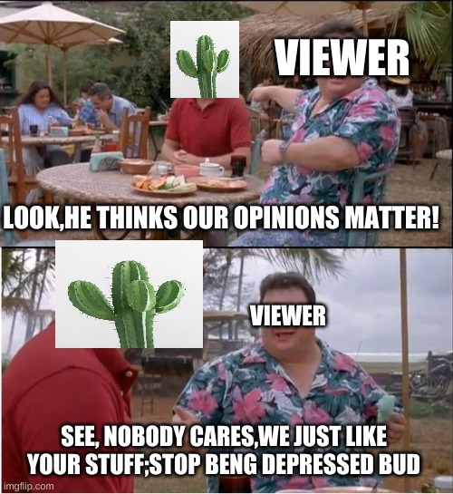 If only this was true | VIEWER; LOOK,HE THINKS OUR OPINIONS MATTER! VIEWER; SEE, NOBODY CARES,WE JUST LIKE YOUR STUFF;STOP BENG DEPRESSED BUD | image tagged in memes,see nobody cares,depression,views,opinion,friendship | made w/ Imgflip meme maker