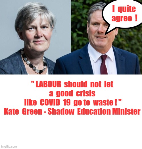 LABOUR`S COVID 19 attitude | I  quite  
agree  ! " LABOUR  should  not  let
a  good  crisis  like  COVID  19  go to  waste ! "

Kate  Green - Shadow  Education Minister | image tagged in sharing is caring | made w/ Imgflip meme maker