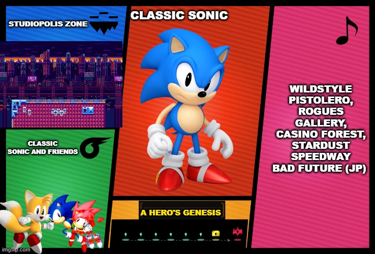 Classic Sonic | STUDIOPOLIS ZONE; CLASSIC SONIC; WILDSTYLE PISTOLERO, ROGUES GALLERY, CASINO FOREST, STARDUST SPEEDWAY BAD FUTURE (JP); CLASSIC SONIC AND FRIENDS; A HERO'S GENESIS | image tagged in smash ultimate dlc fighter profile | made w/ Imgflip meme maker