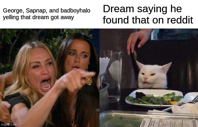 Woman Yelling At Cat | George, Sapnap, and badboyhalo yelling that dream got away; Dream saying he found that on reddit | image tagged in memes,woman yelling at cat | made w/ Imgflip meme maker