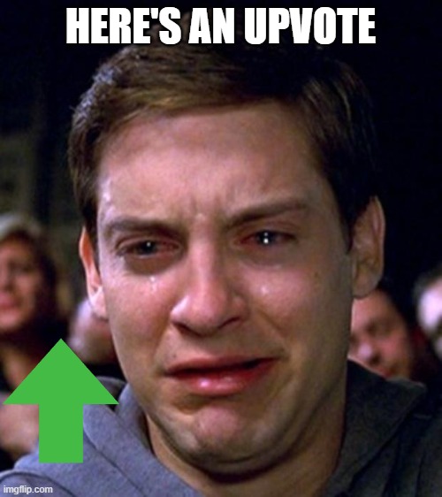 crying peter parker | HERE'S AN UPVOTE | image tagged in crying peter parker | made w/ Imgflip meme maker