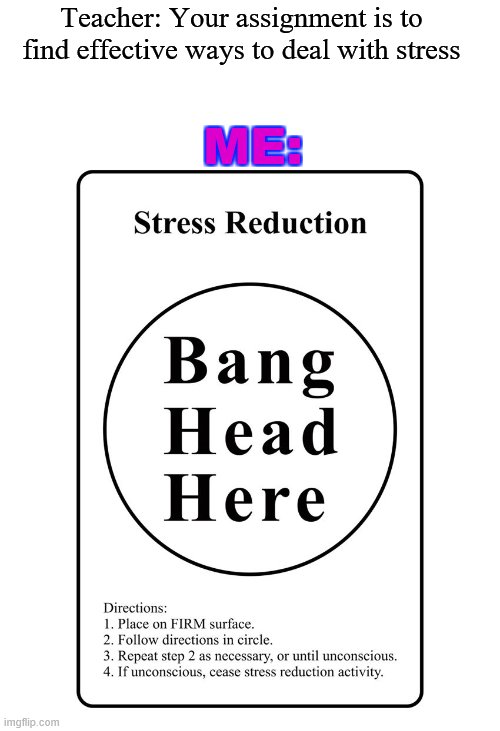 Actually though dont do that | Teacher: Your assignment is to find effective ways to deal with stress; ME: | image tagged in depression,bang head here | made w/ Imgflip meme maker