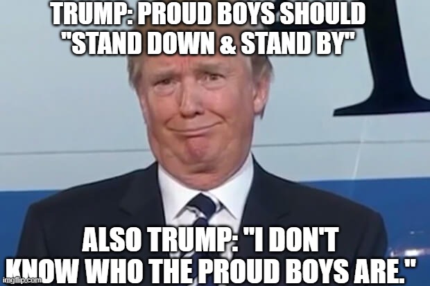 Trump Proud Boys | TRUMP: PROUD BOYS SHOULD "STAND DOWN & STAND BY"; ALSO TRUMP: "I DON'T KNOW WHO THE PROUD BOYS ARE." | image tagged in donald trump,proudboys | made w/ Imgflip meme maker