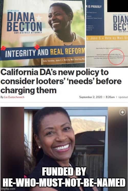 why criminals don't get charged | FUNDED BY HE-WHO-MUST-NOT-BE-NAMED | image tagged in diana,becton,da,san francisco,california,george soros | made w/ Imgflip meme maker