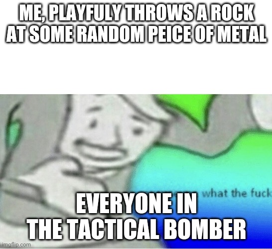 Excuse me wtf blank template | ME, PLAYFULY THROWS A ROCK AT SOME RANDOM PEICE OF METAL; EVERYONE IN THE TACTICAL BOMBER | image tagged in excuse me wtf blank template | made w/ Imgflip meme maker