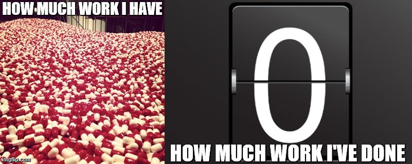 I gotta get to work but i dont wanna... | HOW MUCH WORK I HAVE; HOW MUCH WORK I'VE DONE | image tagged in zero counter,pills,homework | made w/ Imgflip meme maker