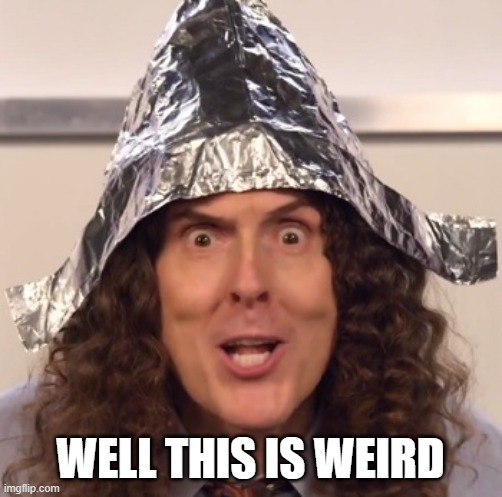 Weird al tinfoil hat | WELL THIS IS WEIRD | image tagged in weird al tinfoil hat | made w/ Imgflip meme maker