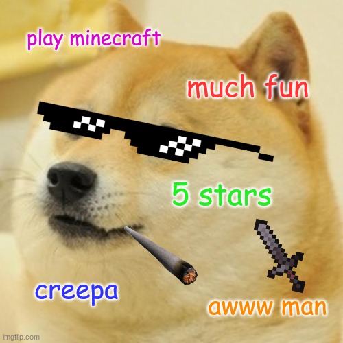 Doge Meme |  play minecraft; much fun; 5 stars; creepa; awww man | image tagged in memes,doge | made w/ Imgflip meme maker