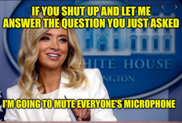 The press is so hypocritical | IF YOU SHUT UP AND LET ME ANSWER THE QUESTION YOU JUST ASKED; I'M GOING TO MUTE EVERYONE'S MICROPHONE | image tagged in kayleigh mcenany,fake news | made w/ Imgflip meme maker