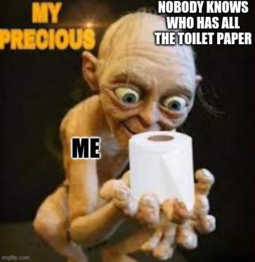 NOBODY KNOWS WHO HAS ALL THE TOILET PAPER; ME | image tagged in gollum,toilet paper | made w/ Imgflip meme maker