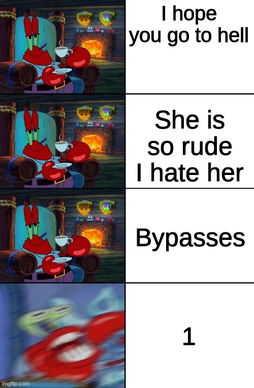 Shocked Mr Krabs | I hope you go to hell; She is so rude I hate her; Bypasses; 1 | image tagged in shocked mr krabs,roblox,roblox filter,filter | made w/ Imgflip meme maker