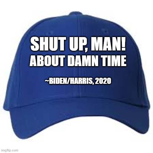 Biden Owns Trump! | SHUT UP, MAN! ABOUT DAMN TIME; ~BIDEN/HARRIS, 2020 | image tagged in blue baseball cap | made w/ Imgflip meme maker