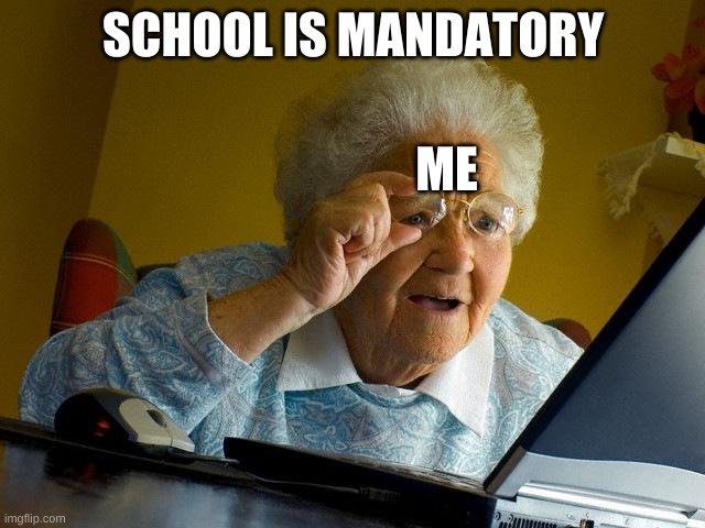 Grandma Finds The Internet | SCHOOL IS MANDATORY; ME | image tagged in memes,grandma finds the internet | made w/ Imgflip meme maker