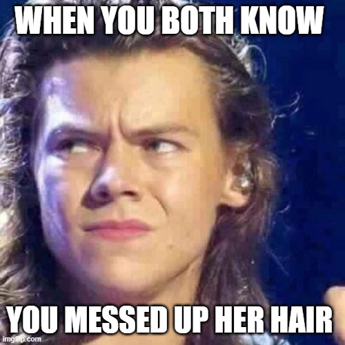 Harry styles hair meme | WHEN YOU BOTH KNOW; YOU MESSED UP HER HAIR | image tagged in one direction,funny memes,prince harry | made w/ Imgflip meme maker