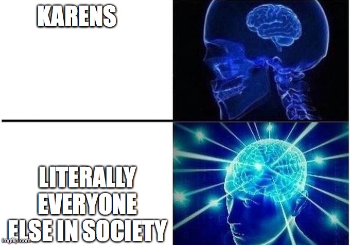 Expanding Brain Two Frames | KARENS; LITERALLY EVERYONE ELSE IN SOCIETY | image tagged in expanding brain two frames | made w/ Imgflip meme maker