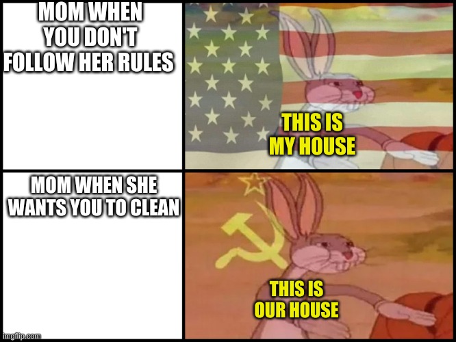Capitalist and communist | MOM WHEN YOU DON'T FOLLOW HER RULES; THIS IS MY HOUSE; MOM WHEN SHE WANTS YOU TO CLEAN; THIS IS OUR HOUSE | image tagged in capitalist and communist | made w/ Imgflip meme maker