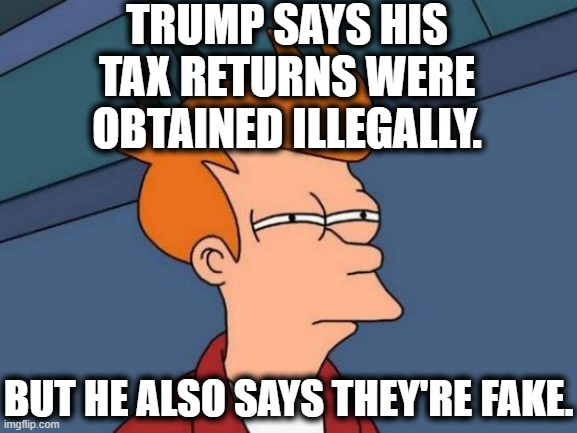 I guess this makes sense if you're intensely stupid. | TRUMP SAYS HIS TAX RETURNS WERE OBTAINED ILLEGALLY. BUT HE ALSO SAYS THEY'RE FAKE. | image tagged in memes,futurama fry,taxes,donald trump,election 2020,traitor | made w/ Imgflip meme maker