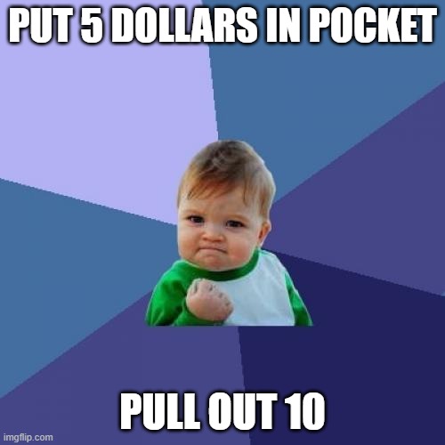 Put 5 bucks pull 10 | PUT 5 DOLLARS IN POCKET; PULL OUT 10 | image tagged in memes,success kid | made w/ Imgflip meme maker