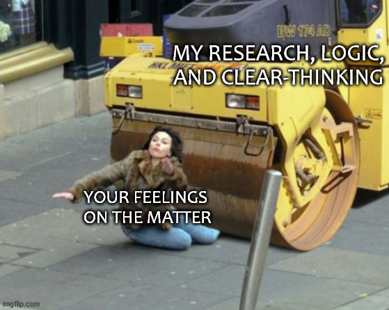 Logic vs. Feelings | MY RESEARCH, LOGIC, AND CLEAR-THINKING; YOUR FEELINGS 
ON THE MATTER | image tagged in logic,feelings,clear thinking,research | made w/ Imgflip meme maker