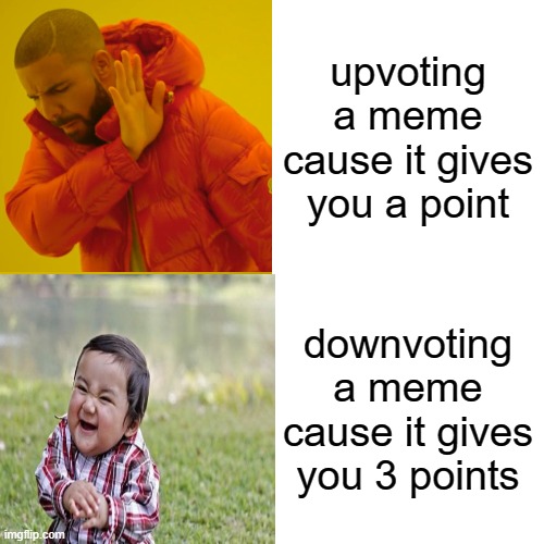 MUAHAHAHAHAHAHA! | upvoting a meme cause it gives you a point; downvoting a meme cause it gives you 3 points | image tagged in memes,drake hotline bling | made w/ Imgflip meme maker