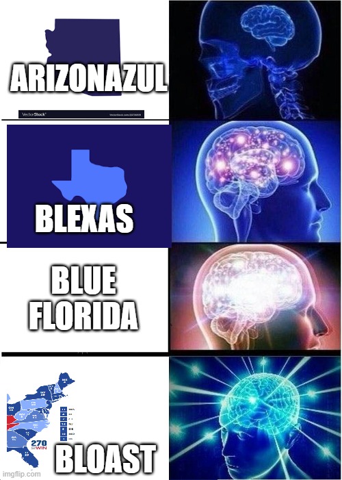 Expanding Brain Meme | ARIZONAZUL; BLEXAS; BLUE FLORIDA; BLOAST | image tagged in memes,expanding brain,neoliberal | made w/ Imgflip meme maker