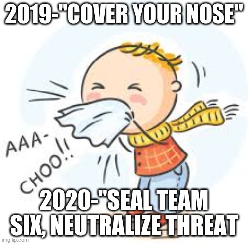2020 be like | 2019-"COVER YOUR NOSE"; 2020-"SEAL TEAM SIX, NEUTRALIZE THREAT | image tagged in coronavirus,sneeze,seal team 6 | made w/ Imgflip meme maker