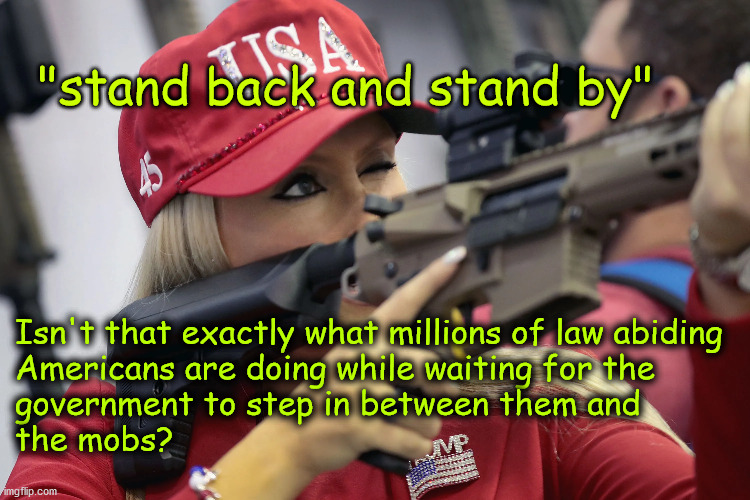 stand back stand by | "stand back and stand by"; Isn't that exactly what millions of law abiding
Americans are doing while waiting for the 
government to step in between them and 
the mobs? | image tagged in proud boys | made w/ Imgflip meme maker