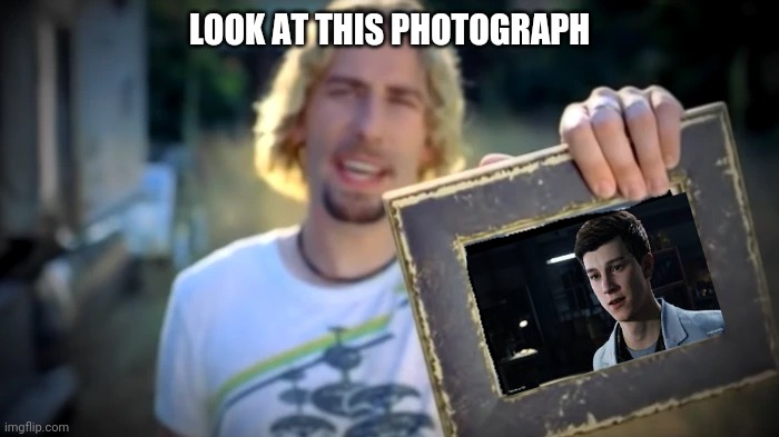Marvel's Spiderman on PS5 looks dope, but what's up with Peter Parker's face? | LOOK AT THIS PHOTOGRAPH | image tagged in nickelback photograph,marvel,spiderman,ps5 | made w/ Imgflip meme maker