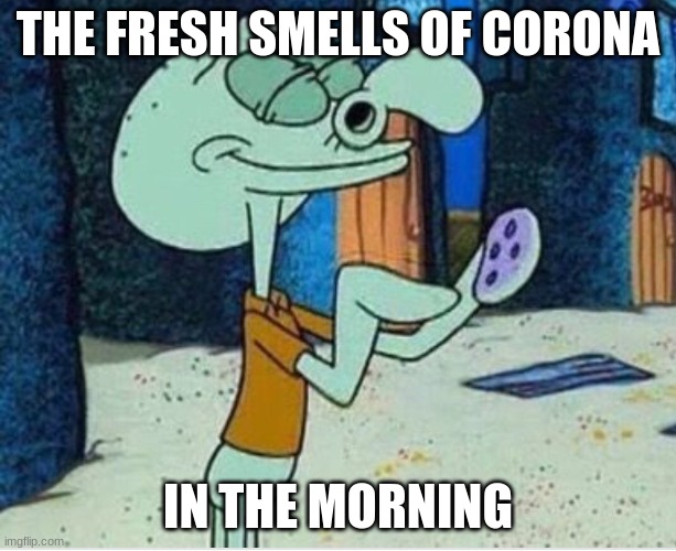 spongebob | THE FRESH SMELLS OF CORONA; IN THE MORNING | image tagged in spongebob | made w/ Imgflip meme maker