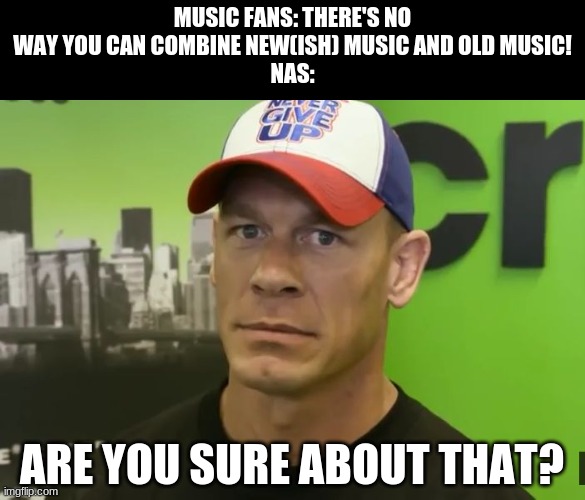 this meme is about a decade late | MUSIC FANS: THERE'S NO WAY YOU CAN COMBINE NEW(ISH) MUSIC AND OLD MUSIC!
NAS:; ARE YOU SURE ABOUT THAT? | image tagged in john cena - are you sure about that | made w/ Imgflip meme maker