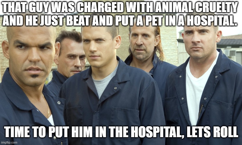 Animal Cruelty / Karma | THAT GUY WAS CHARGED WITH ANIMAL CRUELTY AND HE JUST BEAT AND PUT A PET IN A HOSPITAL. TIME TO PUT HIM IN THE HOSPITAL, LETS ROLL | image tagged in animal cruelty,pet,justice,instant karma,jail house justice,law and order | made w/ Imgflip meme maker