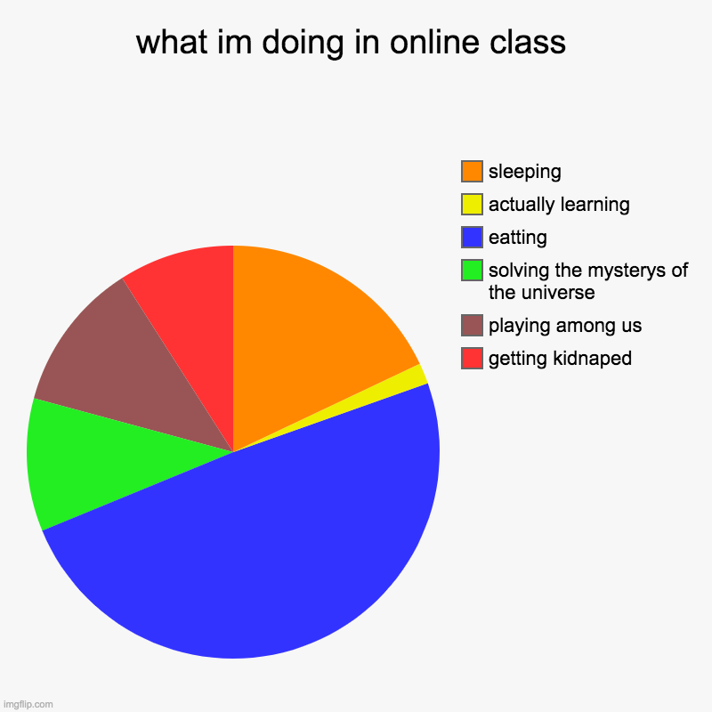 what im doing in online class | getting kidnaped, playing among us , solving the mysterys of the universe, eatting, actually learning, sleep | image tagged in charts,pie charts | made w/ Imgflip chart maker