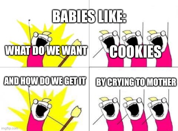 Idk anymore | BABIES LIKE:; WHAT DO WE WANT; COOKIES; AND HOW DO WE GET IT; BY CRYING TO MOTHER | image tagged in memes,what do we want | made w/ Imgflip meme maker