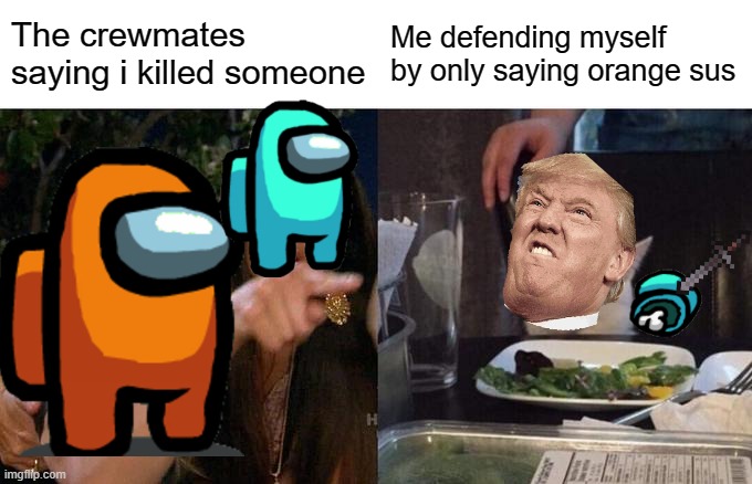 Woman Yelling At Cat | The crewmates saying i killed someone; Me defending myself by only saying orange sus | image tagged in memes,woman yelling at cat | made w/ Imgflip meme maker